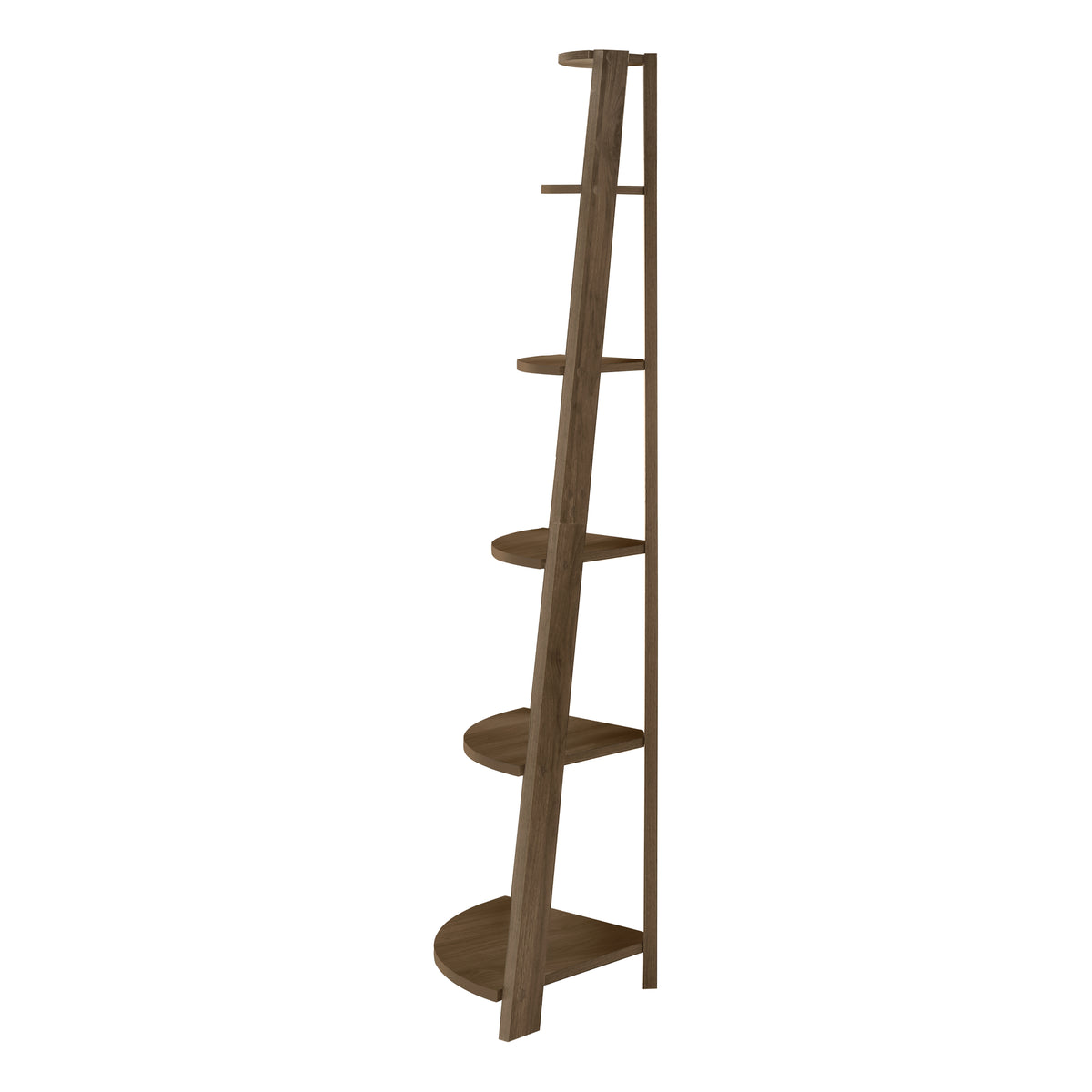 Corner Bookshelf, 5 Tier Walnut Etagere - 72"H Display Shelf