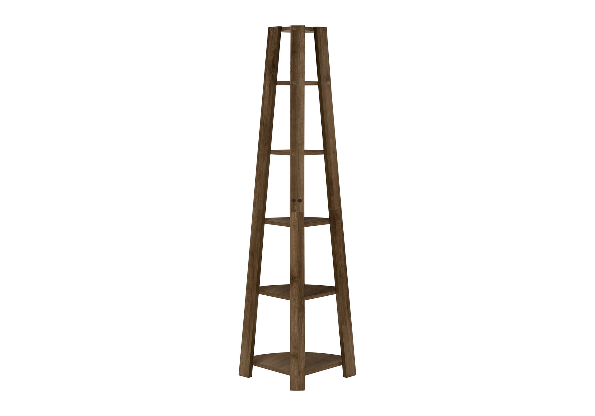 Bookshelf, Bookcase, Etagere, Corner, 5 Tier, 72"h, Office, Bedroom, Walnut Laminate, Contemporary, Modern