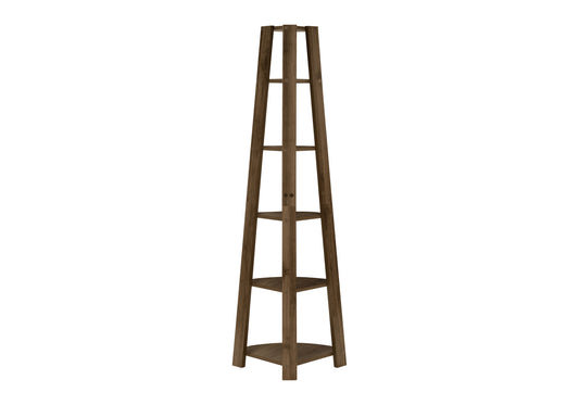 Bookshelf, Bookcase, Etagere, Corner, 5 Tier, 72"h, Office, Bedroom, Walnut Laminate, Contemporary, Modern