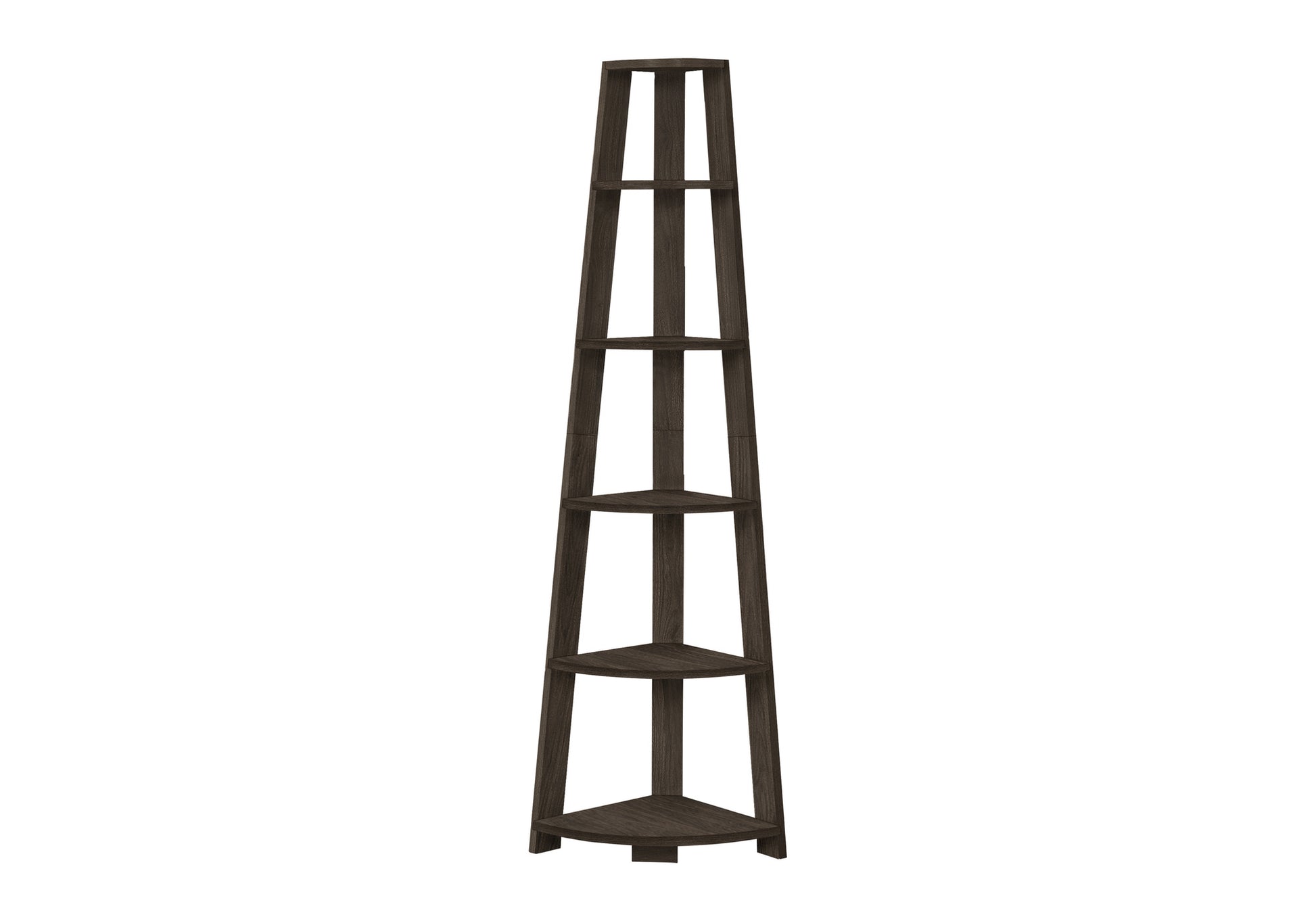 Bookshelf, Bookcase, Etagere, Corner, 5 Tier, 72"h, Office, Bedroom, Brown Laminate, Contemporary, Modern