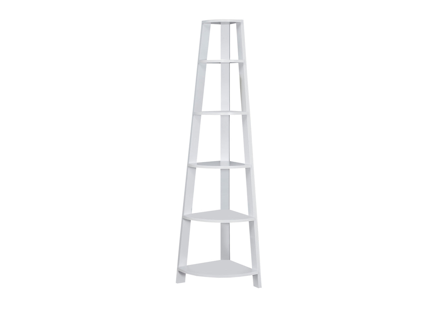 Bookshelf, Bookcase, Etagere, Corner, 5 Tier, 72"h, Office, Bedroom, White Laminate, Contemporary, Modern