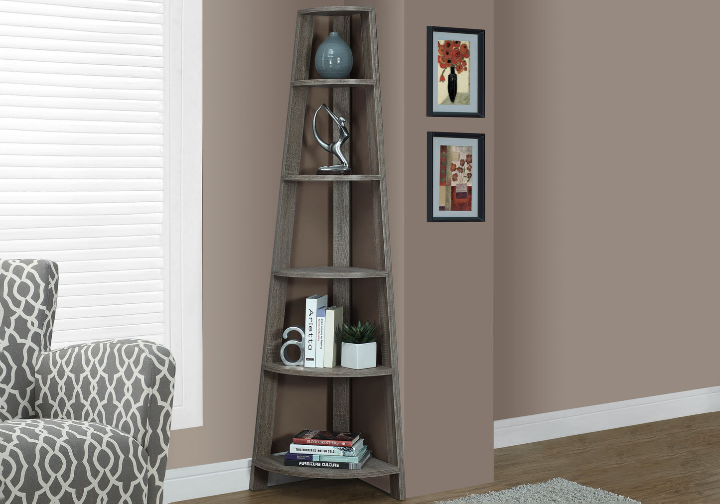 Corner Bookshelf, Taupe Particle Board - 5 Tier Etagere