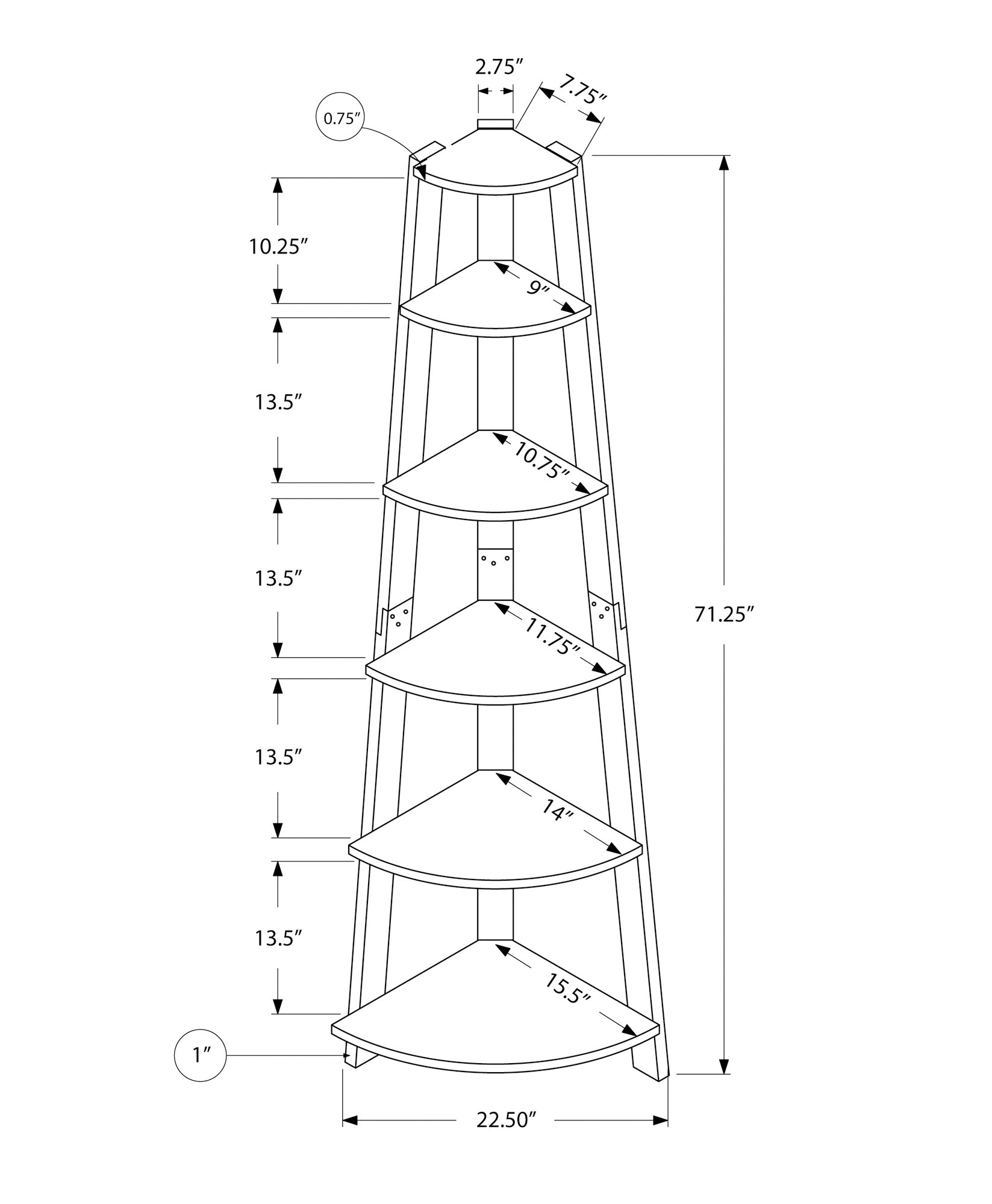Corner Bookshelf, Taupe Particle Board - 5 Tier Etagere