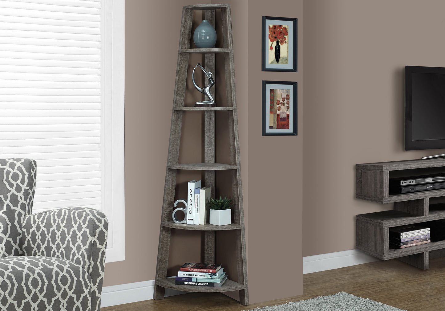 Corner Bookshelf, Taupe Particle Board - 5 Tier Etagere