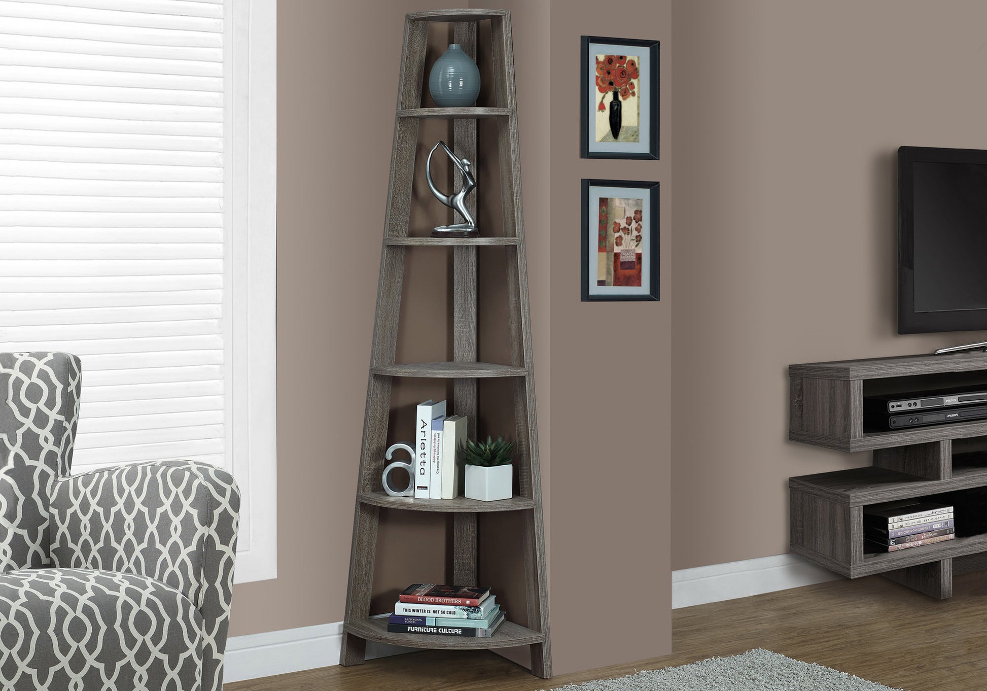 Corner Bookshelf, Taupe Particle Board - 5 Tier Etagere
