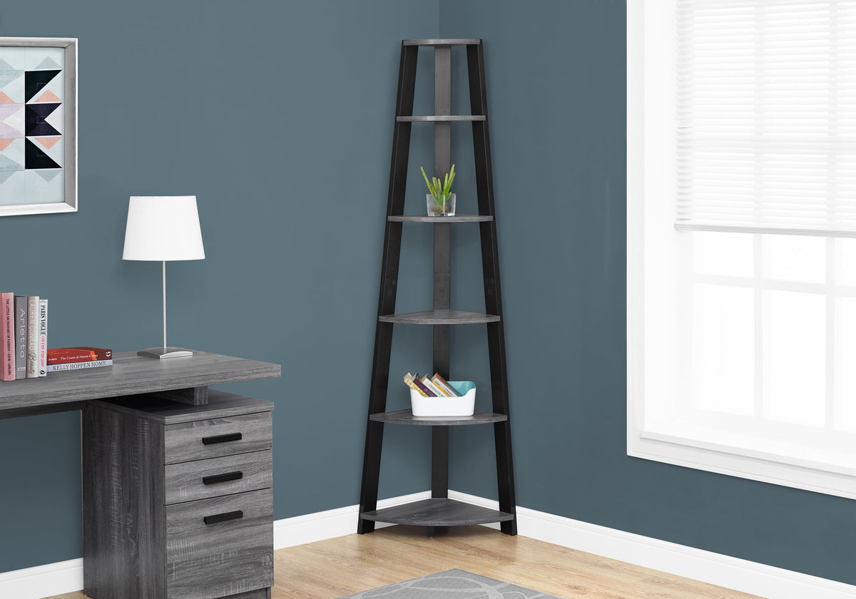Grey Particle Board Corner Bookshelf for Bedroom Storage and Display for Living Room