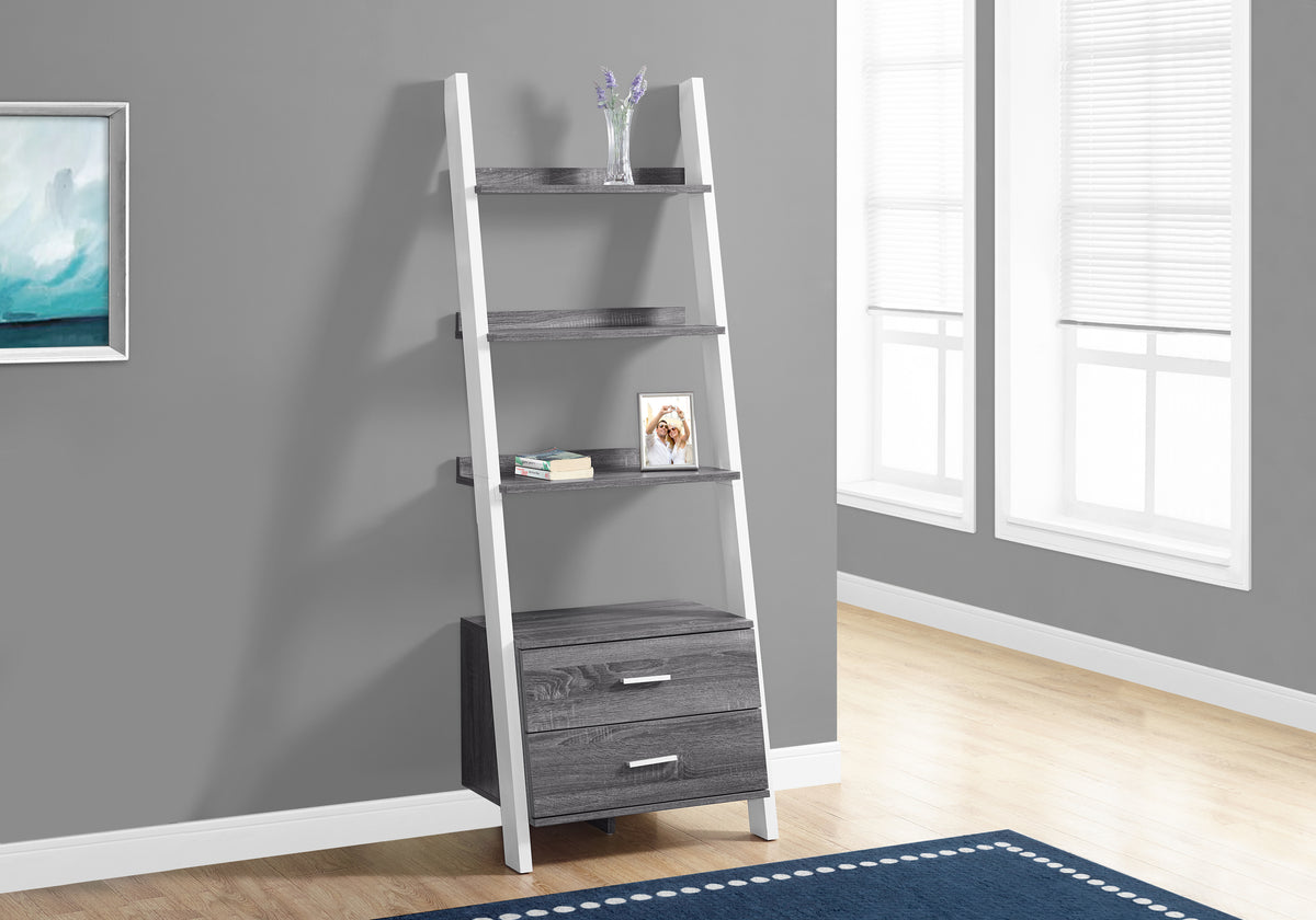 Grey & White Ladder Bookshelf - 69" Tall for Living Room