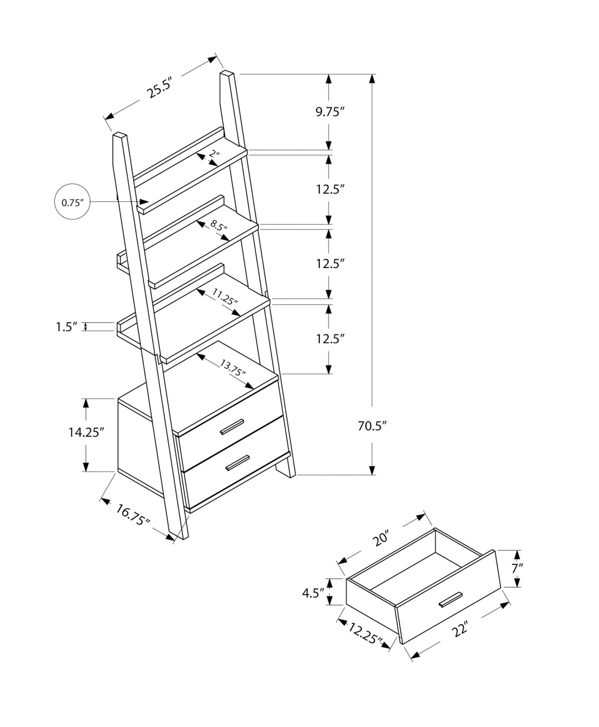Grey & White Ladder Bookshelf - 69" Tall for Living Room