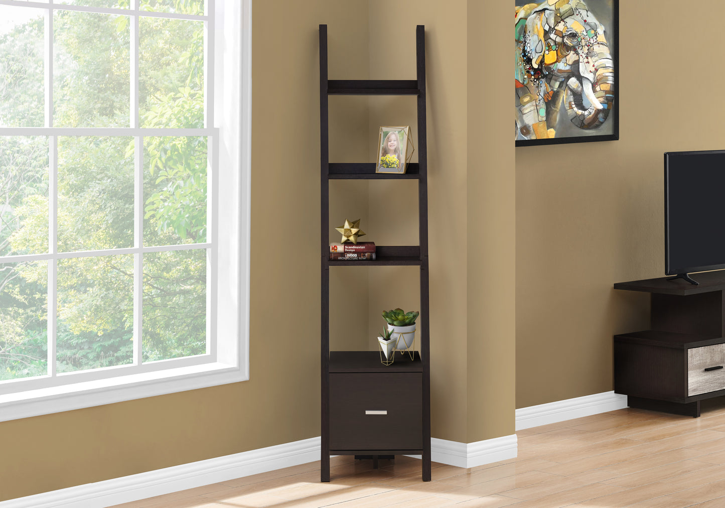 Espresso Particle Board Bookshelf - 69" Tall Display Unit