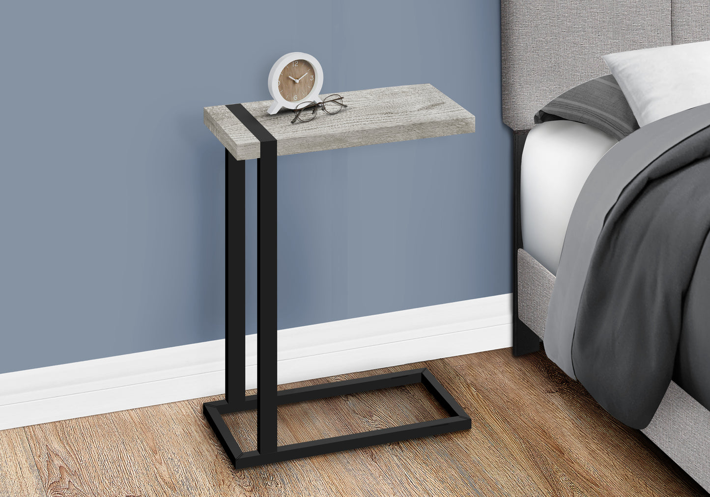 Grey C-Shaped Accent Table with Black Metal Frame for Modern Rooms for Living Room