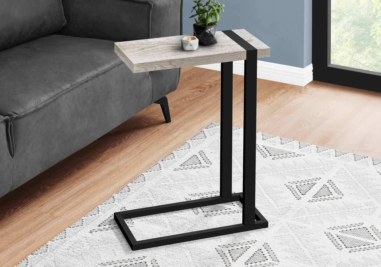 Grey C-Shaped Accent Table with Black Metal Frame for Modern Rooms for Living Room