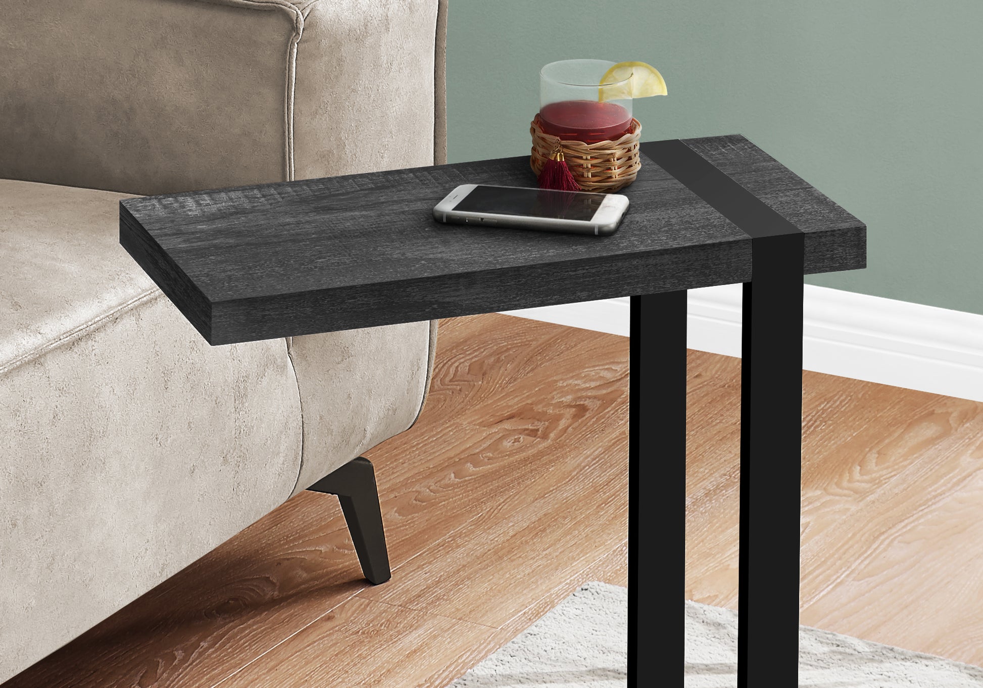 Black C-Shaped Accent Table with Metal Frame for Living Rooms