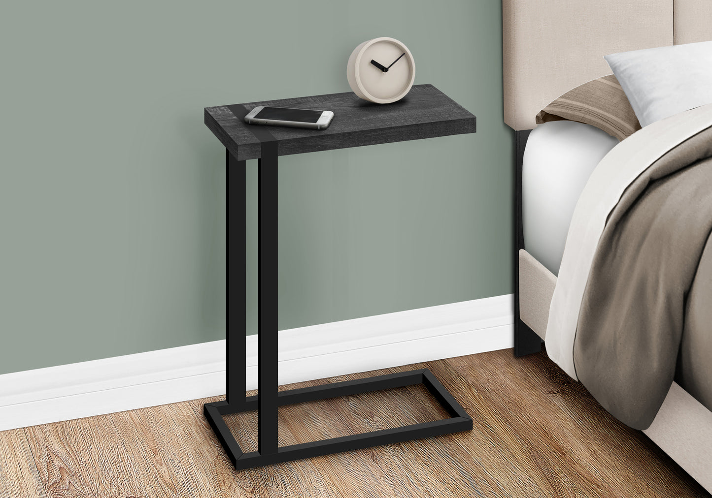 Black C-Shaped Accent Table with Metal Frame for Living Rooms