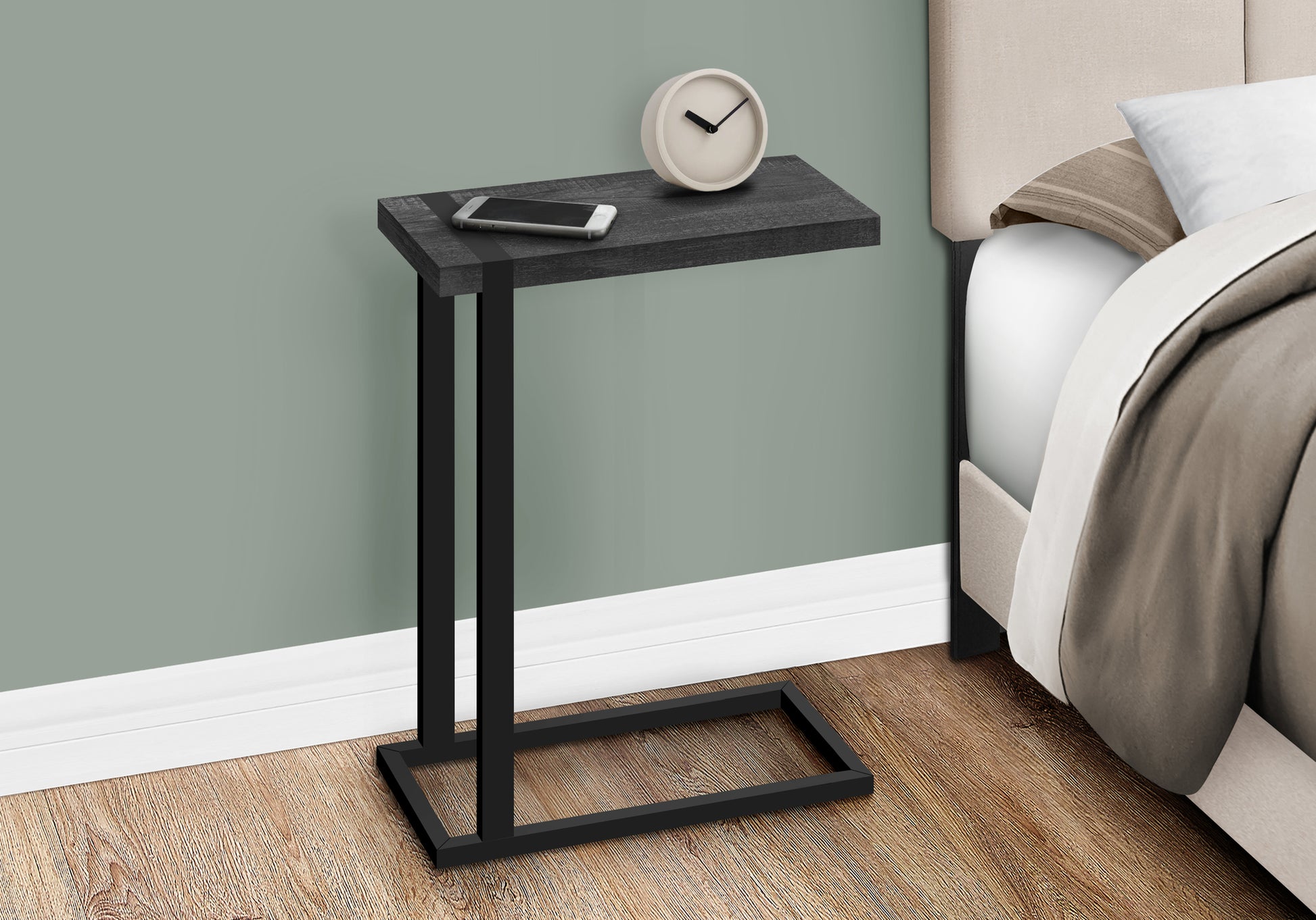 Black C-Shaped Accent Table with Metal Frame for Living Rooms