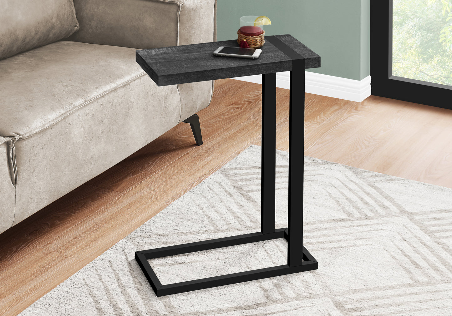 Black C-Shaped Accent Table with Metal Frame for Living Rooms