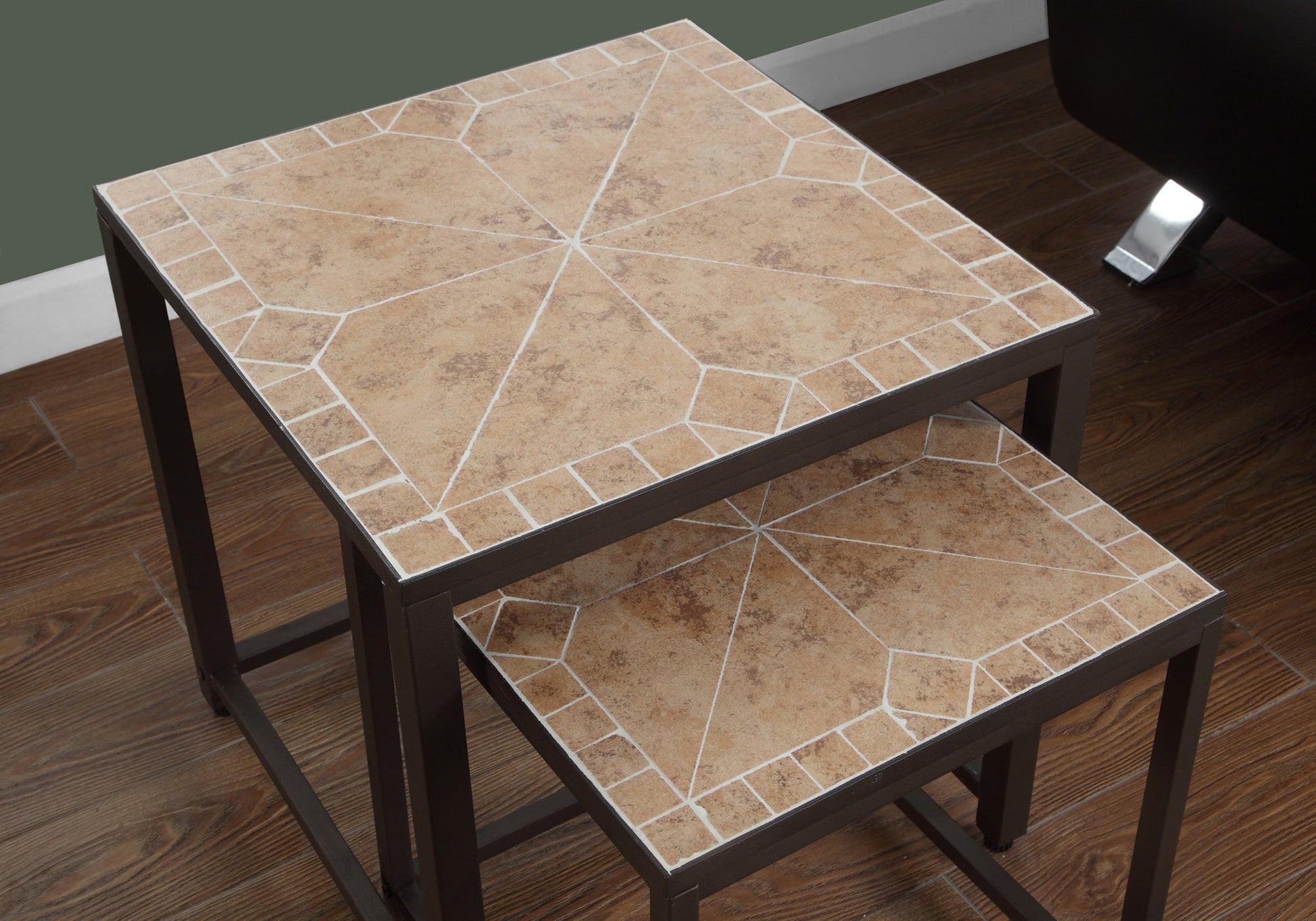 Nesting Tables Set of 2, Brown Metal Tile Accent Table for Living Room