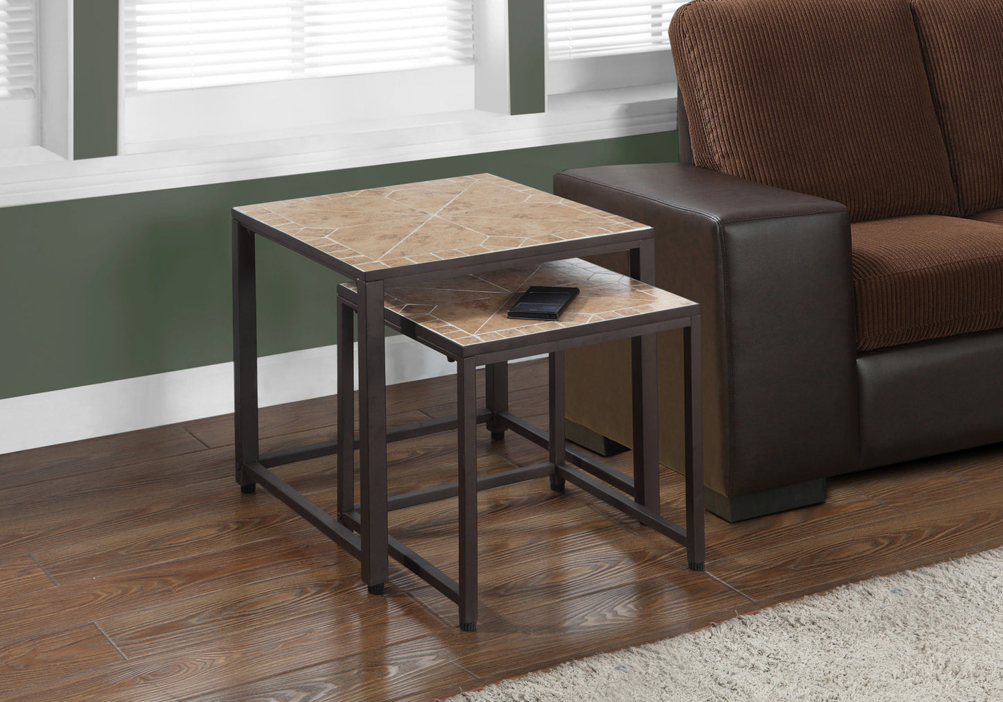 Nesting Tables Set of 2, Brown Metal Tile Accent Table for Living Room