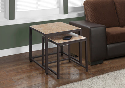 Nesting Tables Set of 2, Brown Metal Tile Accent Table for Living Room