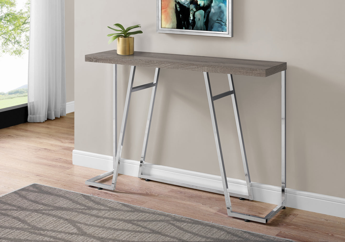 Taupe Particle Board Console Table with Chrome Legs for Entryway for Living Room