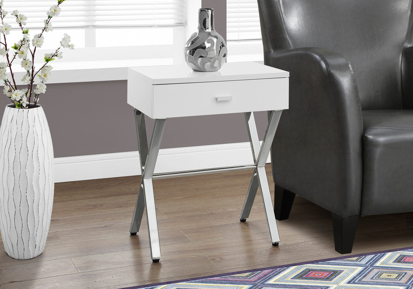 Accent Table, Side, End, Nightstand, Lamp, Storage Drawer, Living Room, Bedroom, Glossy White Laminate, Chrome Metal, Contemporary, Modern