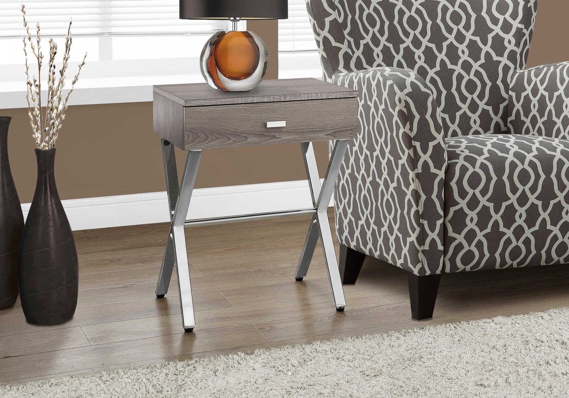 Accent Table, Side, End, Nightstand, Lamp, Storage Drawer, Living Room, Bedroom, Brown Laminate, Chrome Metal, Contemporary, Modern