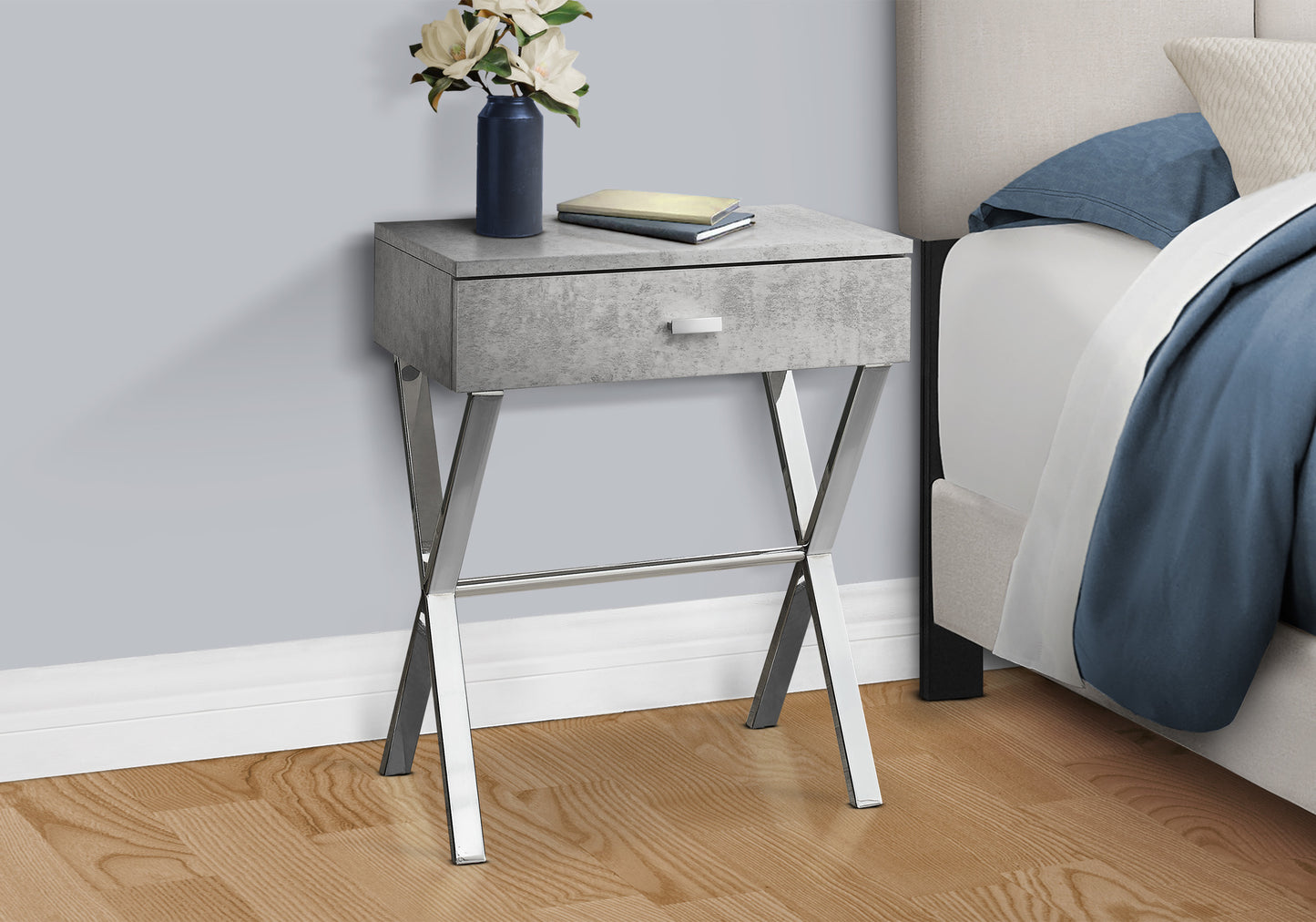 18 Inch Grey Side Table with Chrome Metal Base