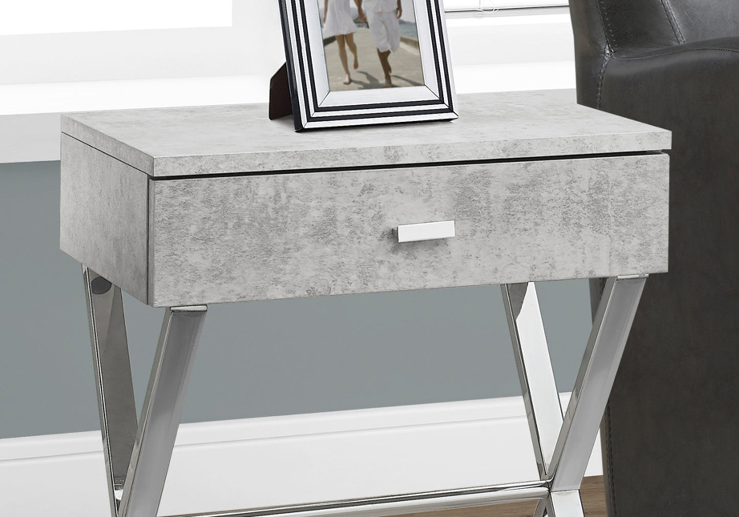 18 Inch Grey Side Table with Chrome Metal Base