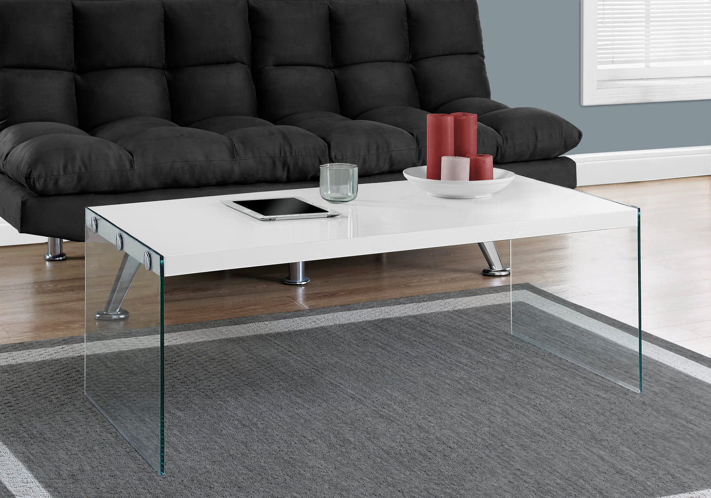 Coffee Table, Accent, Cocktail, Rectangular, Living Room, 44"l, Glossy White Laminate, Clear Tempered Glass, Contemporary, Modern