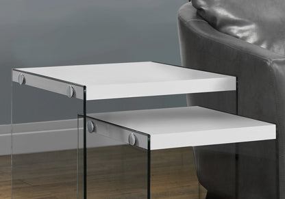 White Nesting Tables Set of 2 - MDF & Glass for Living Room