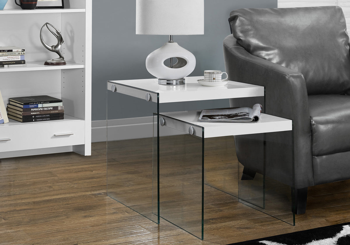White Nesting Tables Set of 2 - MDF & Glass for Living Room