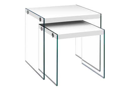 Nesting Table, Set Of 2, Side, End, Accent, Living Room, Bedroom, Glossy White Laminate, Clear Tempered Glass, Contemporary, Modern