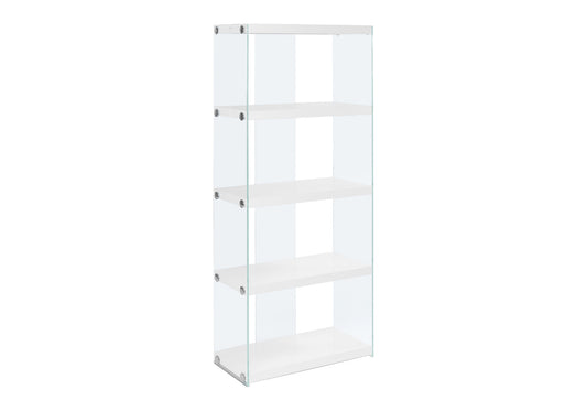 Bookshelf, Bookcase, Etagere, 5 Tier, 60"h, Office, Bedroom, Glossy White Laminate, Clear Tempered Glass, Contemporary, Modern