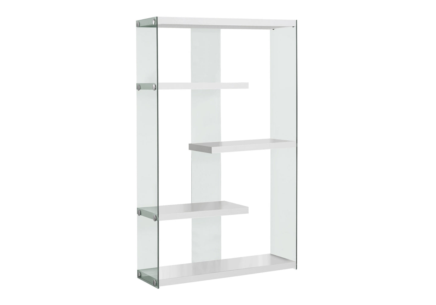 Bookshelf, Bookcase, Etagere, 5 Tier, 60"h, Office, Bedroom, Glossy White Laminate, Clear Tempered Glass, Contemporary, Modern