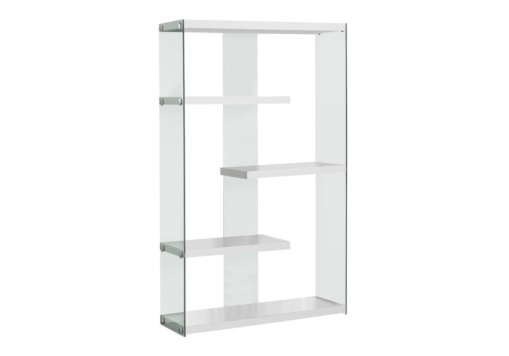 Bookshelf, Bookcase, Etagere, 5 Tier, 60"h, Office, Bedroom, Glossy White Laminate, Clear Tempered Glass, Contemporary, Modern