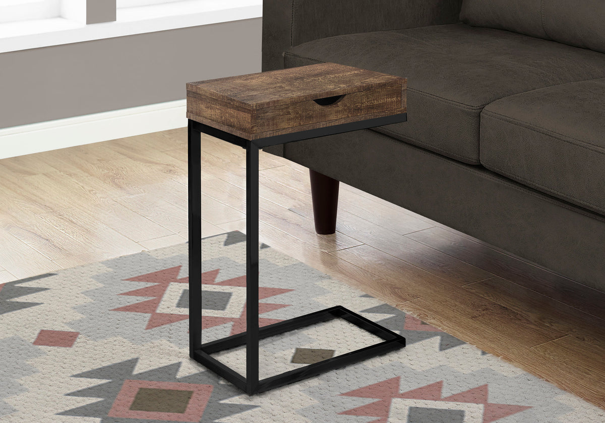 Brown Accent Table with Storage Drawer - Modern C-Shaped Design