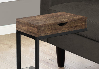 Brown Accent Table with Storage Drawer - Modern C-Shaped Design