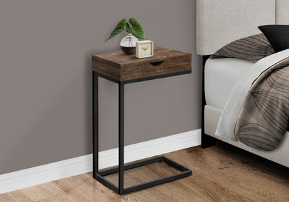 Brown Accent Table with Storage Drawer - Modern C-Shaped Design