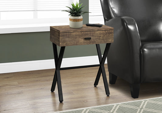 Brown Reclaimed Wood Side Table with Black Metal Base for Living Room