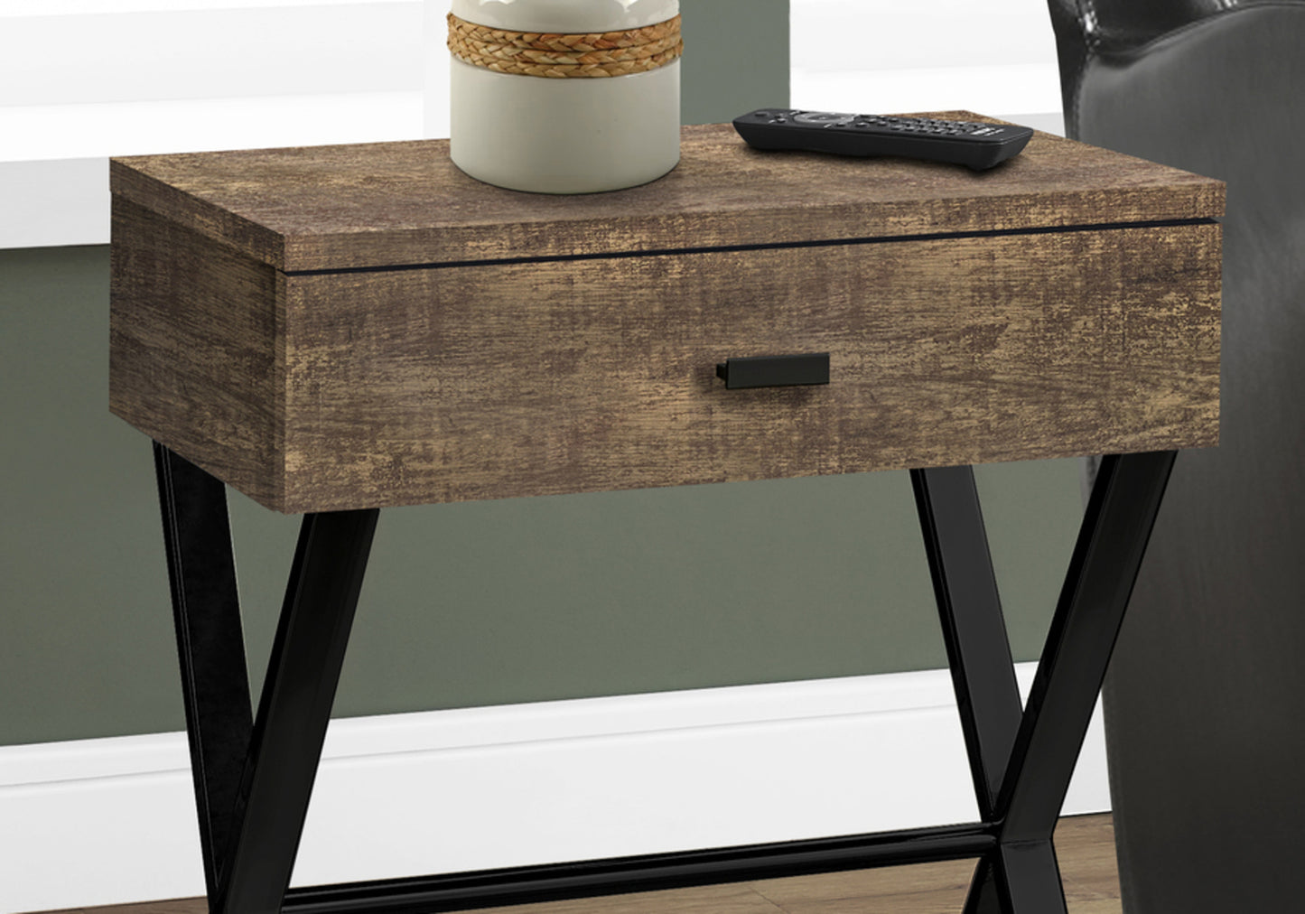 Brown Reclaimed Wood Side Table with Black Metal Base for Living Room
