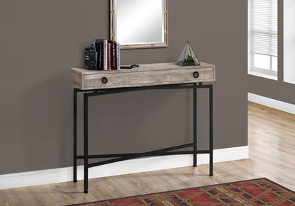 Taupe Barn Style Console Table with Black Metal Storage Drawer for Living Room