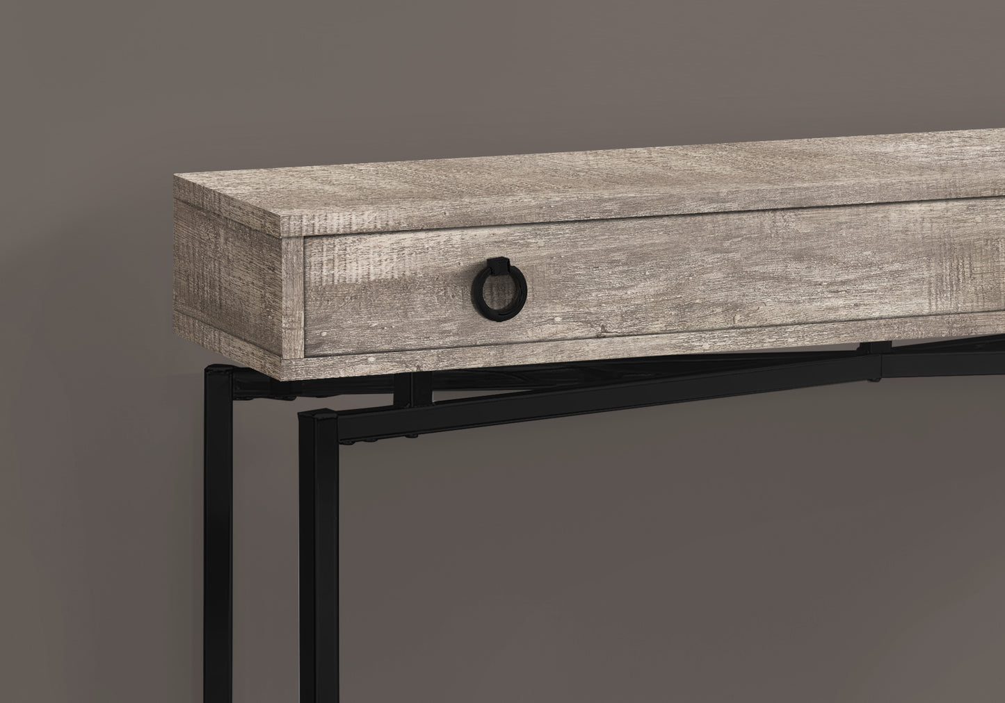 Taupe Barn Style Console Table with Black Metal Storage Drawer for Living Room