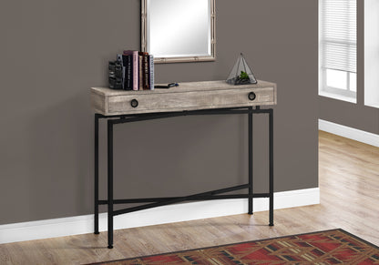 Taupe Barn Style Console Table with Black Metal Storage Drawer for Living Room
