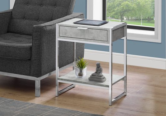 Accent Table, Side, End, Nightstand, Lamp, Storage Drawer, Living Room, Bedroom, Grey Laminate, Chrome Metal, Contemporary, Modern