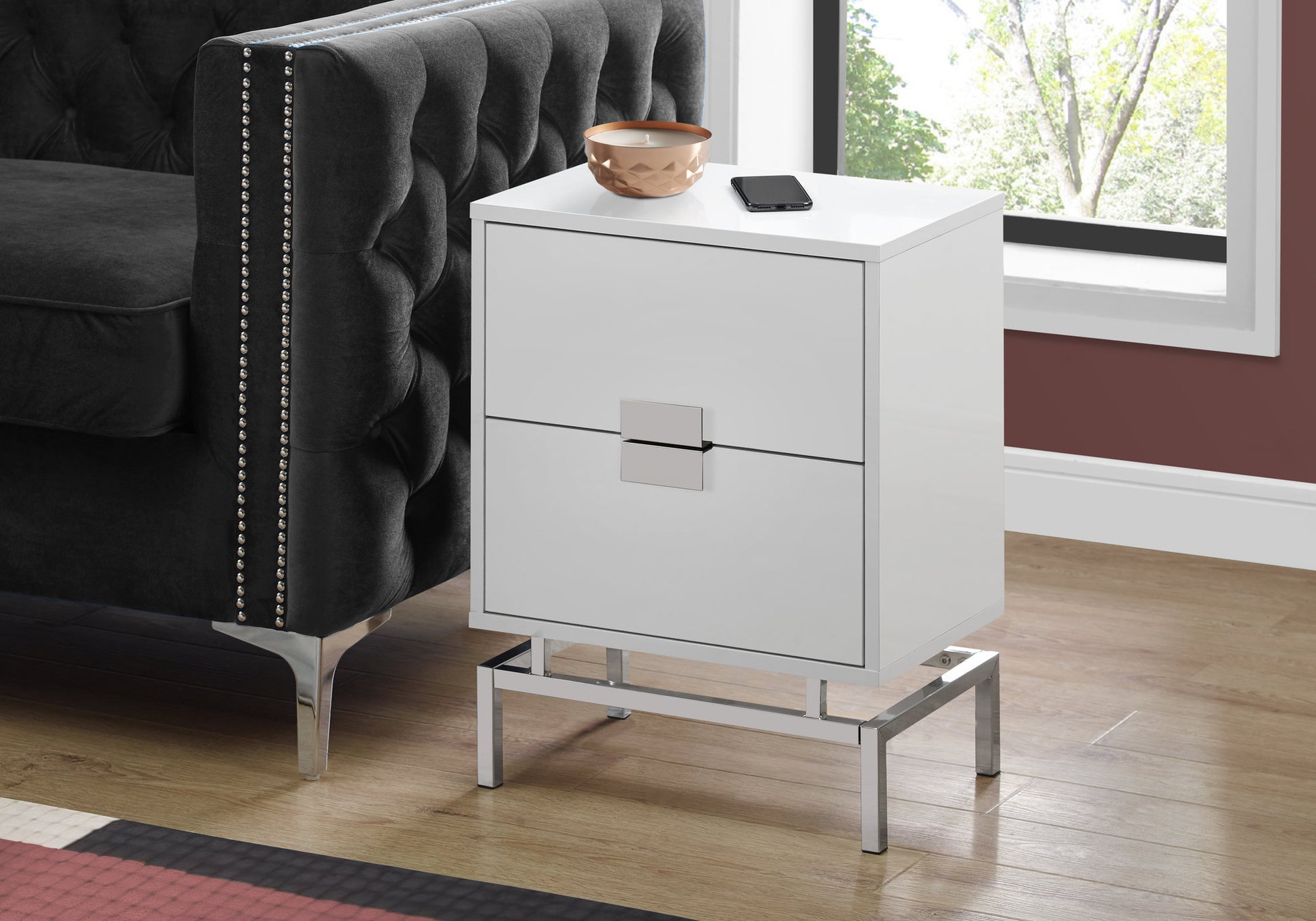 Accent Table, Side, End, Nightstand, Lamp, Storage Drawer, Living Room, Bedroom, Glossy White Laminate, Chrome Metal, Contemporary, Modern