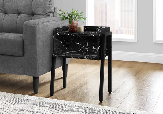 Accent Table, Side, End, Nightstand, Lamp, Living Room, Bedroom, Black Marble Look Laminate, Black Metal, Contemporary, Modern