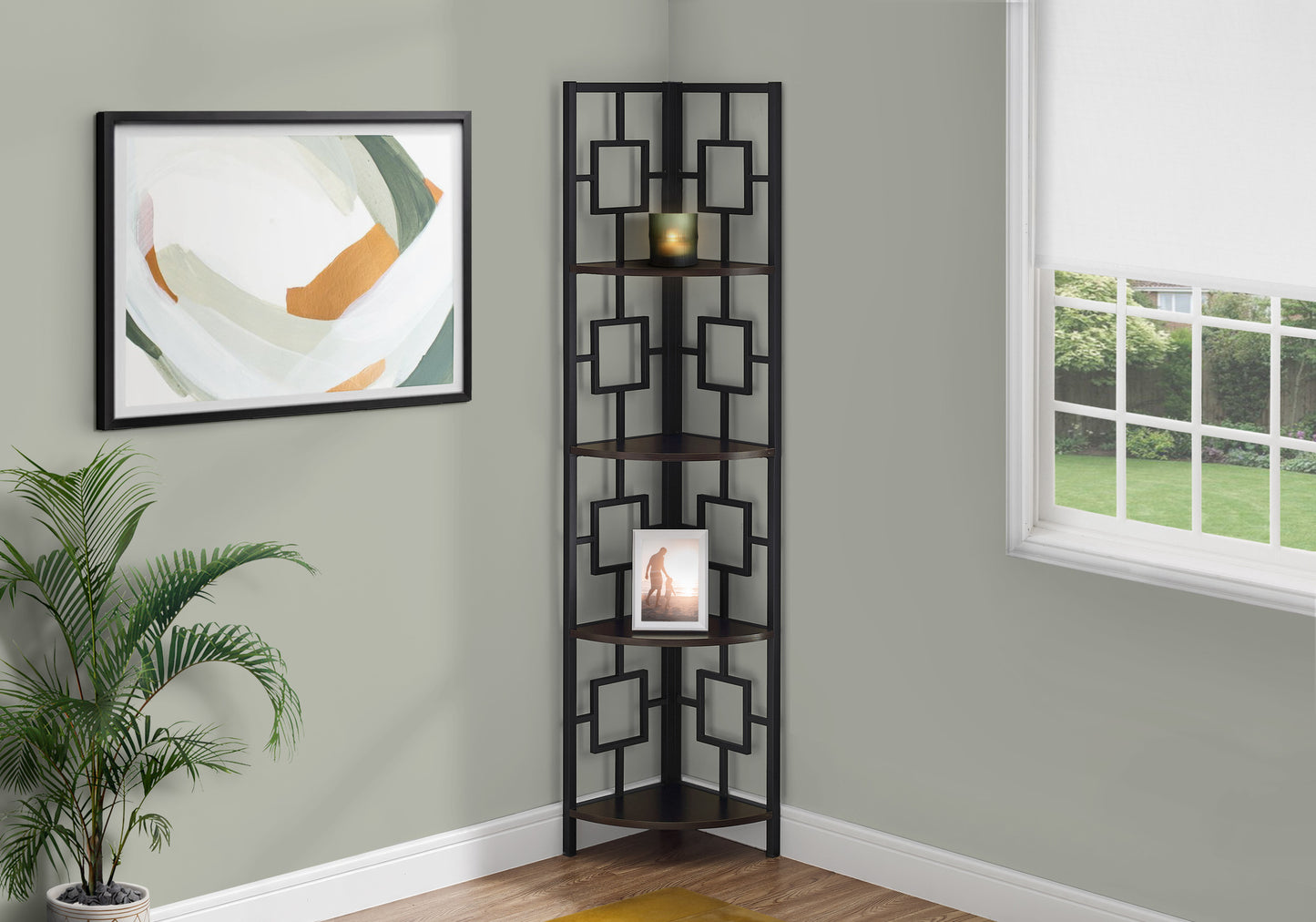 Bookshelf, Bookcase, Etagere, Corner, 4 Tier, 62"h, Office, Bedroom, Brown Laminate, Black Metal, Contemporary, Modern