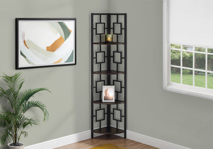 Bookshelf, Bookcase, Etagere, Corner, 4 Tier, 62"h, Office, Bedroom, Brown Laminate, Black Metal, Contemporary, Modern