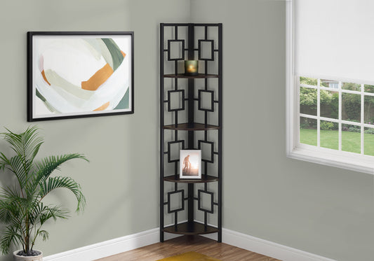 Bookshelf, Bookcase, Etagere, Corner, 4 Tier, 62"h, Office, Bedroom, Brown Laminate, Black Metal, Contemporary, Modern