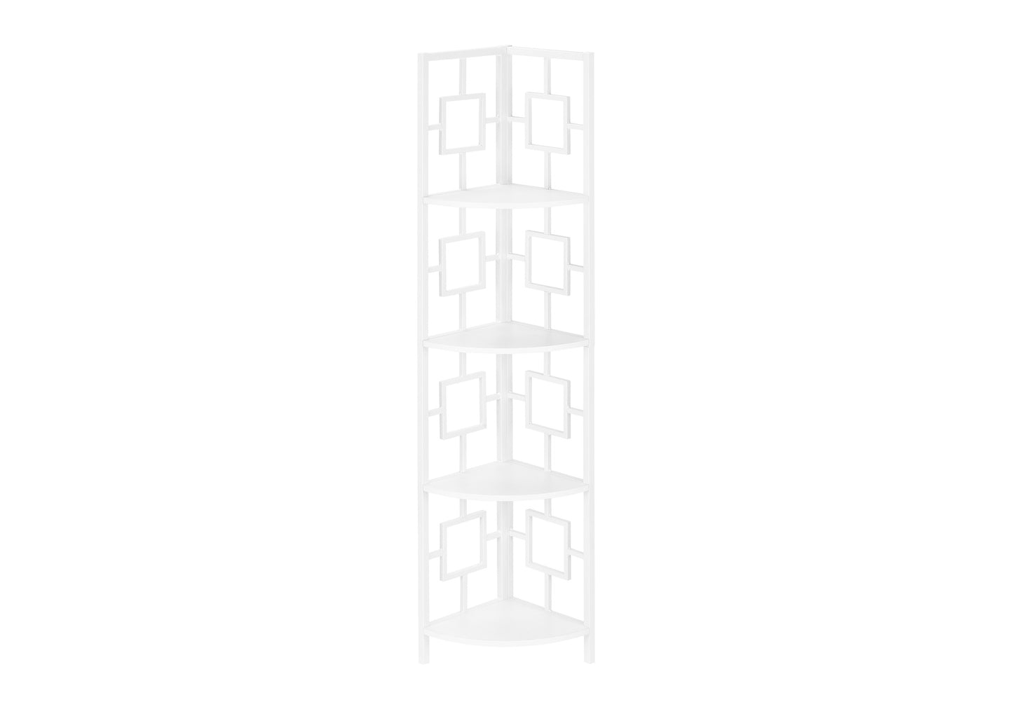 Bookshelf, Bookcase, Etagere, Corner, 4 Tier, 62"h, Office, Bedroom, White Laminate, White Metal, Contemporary, Modern