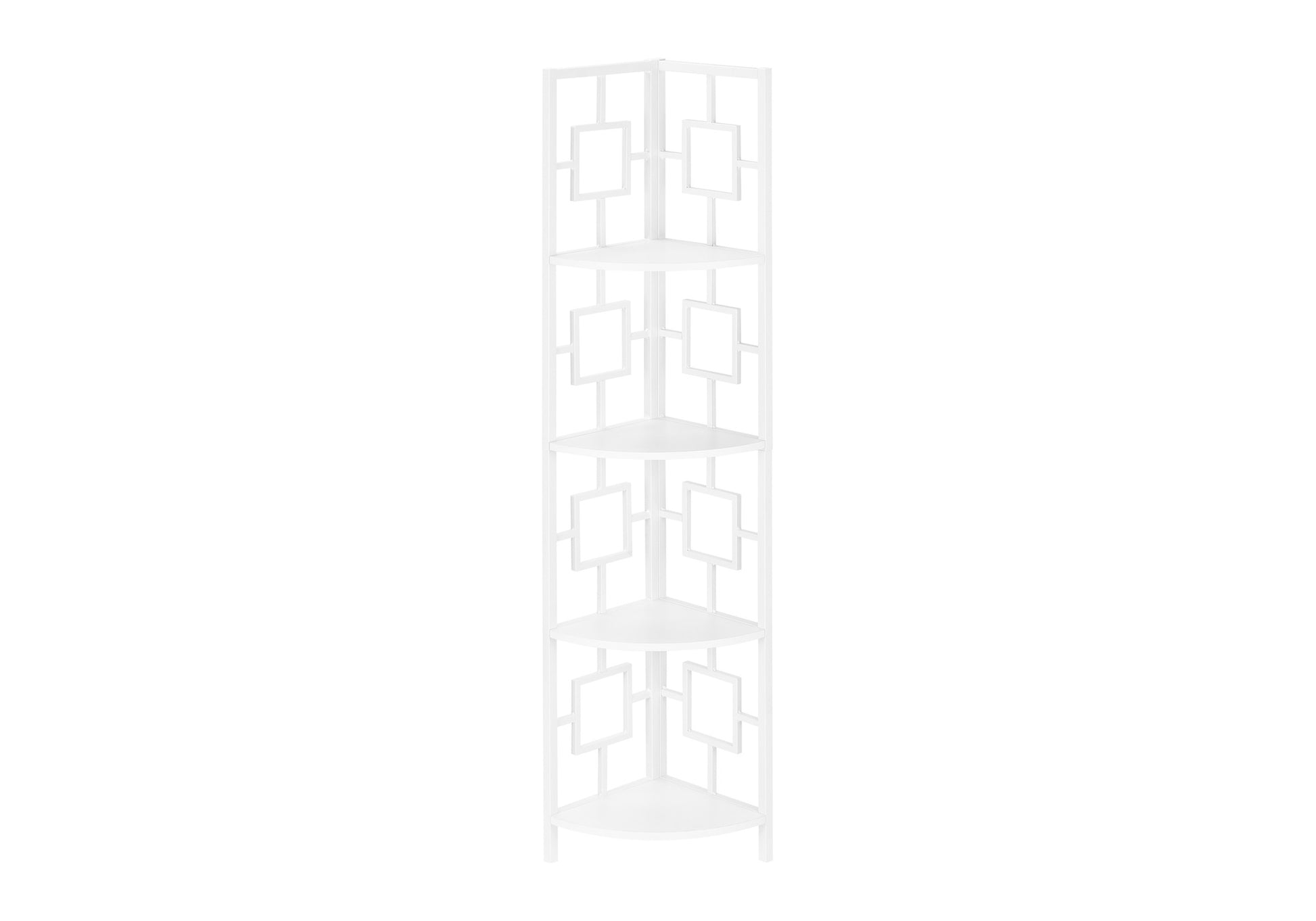 Bookshelf, Bookcase, Etagere, Corner, 4 Tier, 62"h, Office, Bedroom, White Laminate, White Metal, Contemporary, Modern